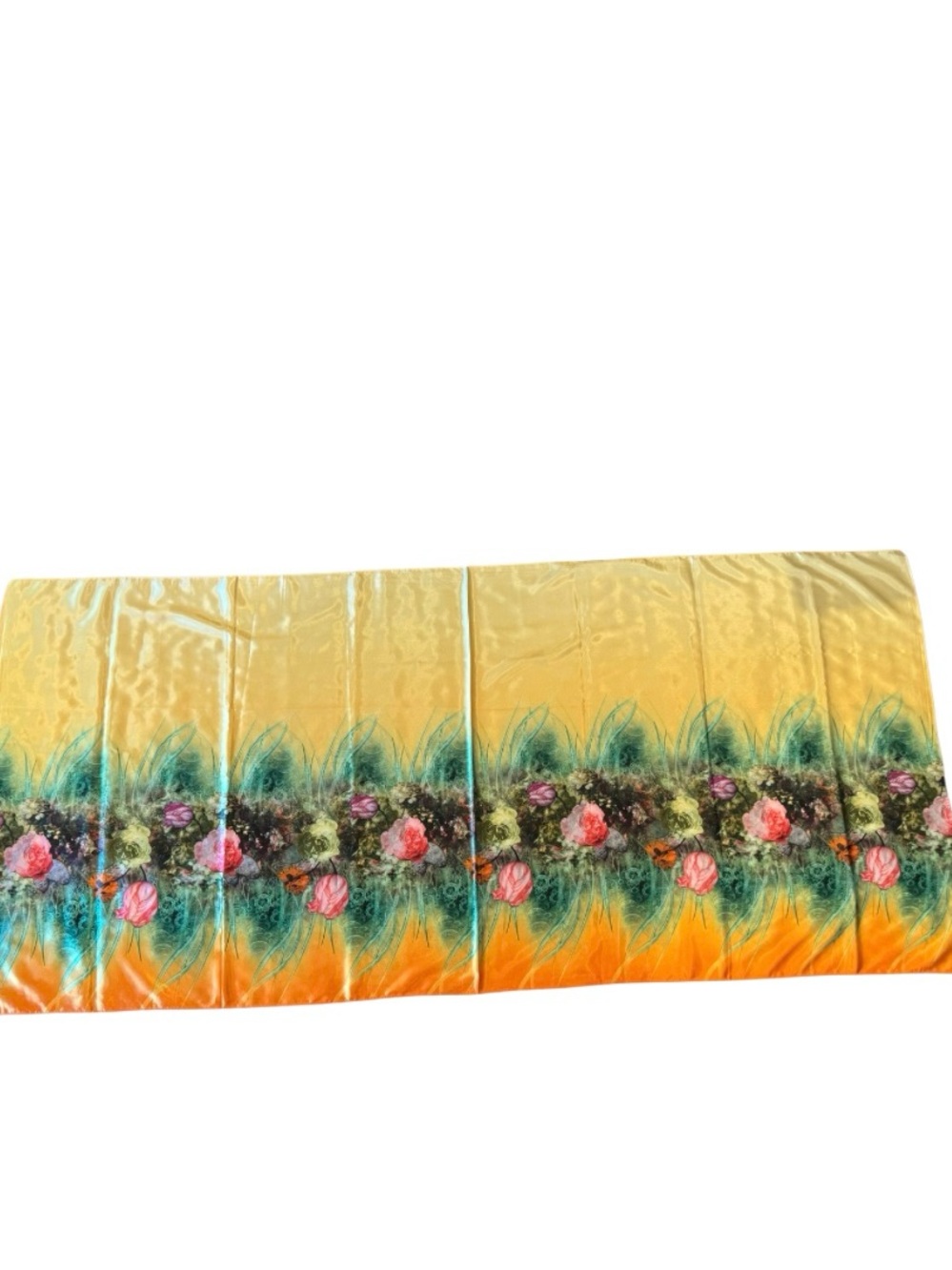 100% Silk Scarf Yellow Orange Green with Floral Print